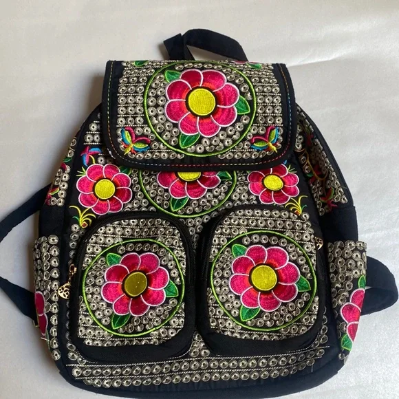 Imported | Bags | Embroidered Floral Black Backpack | Poshmark